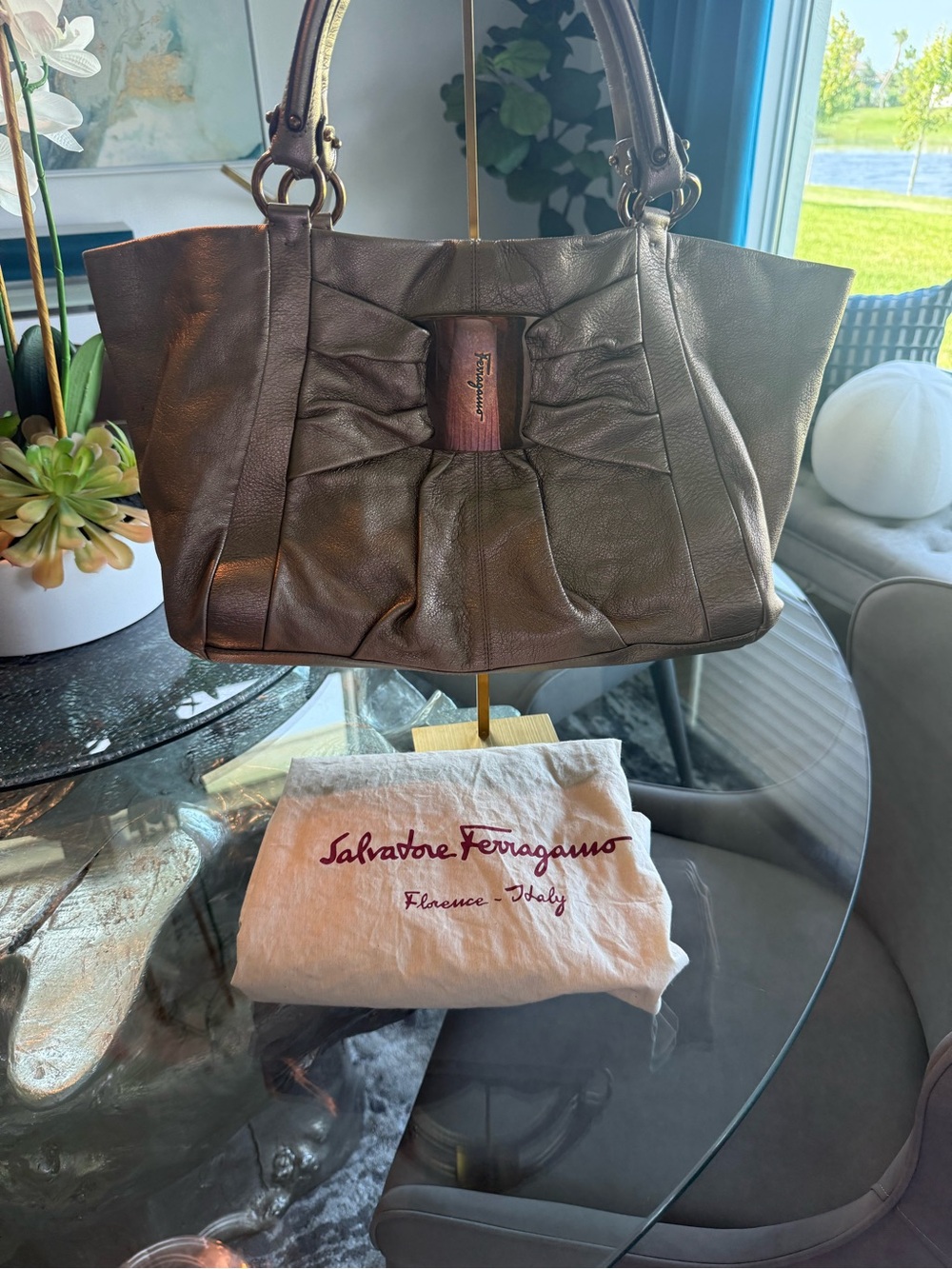 Salvatore Ferragamo Brown Leather Ruched Shoulder Bag